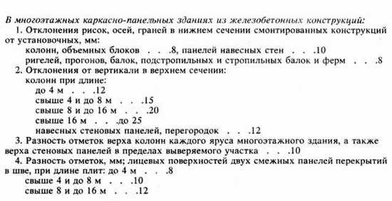 Предельные отклонения в многоэтажных каркасно-панельных зданиях из железобетонных конструкций